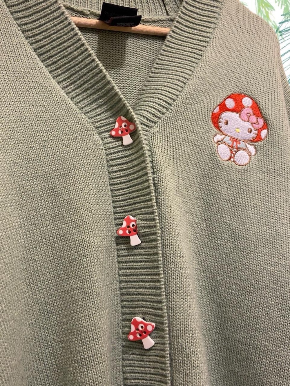 Hello Kitty Sage Green V-Neck Button Cardigan with Mushroom Buttons - Picture 2 of 6